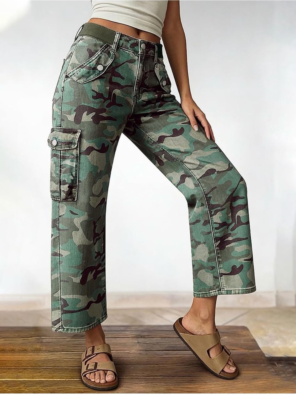 Flamingals Camo Stretchy Waist Button Decor Cargo Crop Jeans